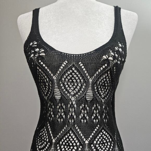 Black Knit Fringe Dress Size Small Boho Crochet Beach Cover Up Summer Festival - Picture 2 of 6